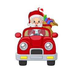 Cartoon santa claus driving a red car with a sack of gift