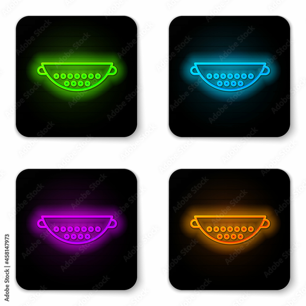 Poster Glowing neon line Kitchen colander icon isolated on white background. Cooking utensil. Cutlery sign. Black square button. Vector Illustration