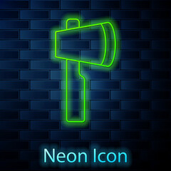 Glowing neon line Wooden axe icon isolated on brick wall background. Lumberjack axe. Vector