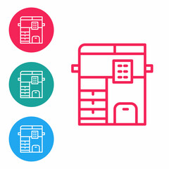 Red line Office multifunction printer copy machine icon isolated on white background. Set icons in circle buttons. Vector