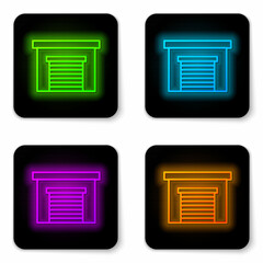 Glowing neon line Garage icon isolated on white background. Black square button. Vector