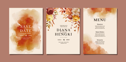 Set of card with autumn floral, leaves. Wedding ornament concept. Floral poster, invite. Vector decorative greeting card or invitation design background