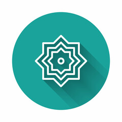 White line Islamic octagonal star ornament icon isolated with long shadow background. Green circle button. Vector