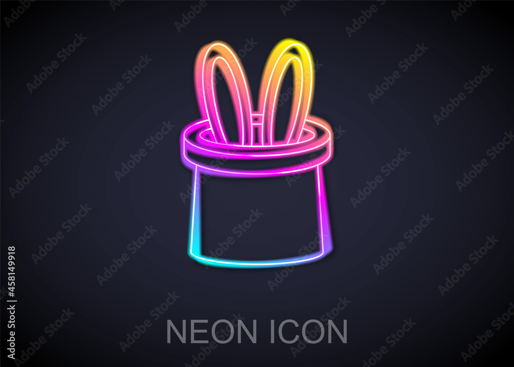 Wall mural Glowing neon line Magician hat and rabbit ears icon isolated on black background. Magic trick. Mystery entertainment concept. Vector