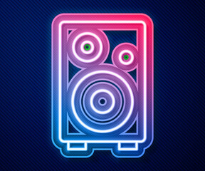 Glowing neon line Stereo speaker icon isolated on blue background. Sound system speakers. Music icon. Musical column speaker bass equipment. Vector