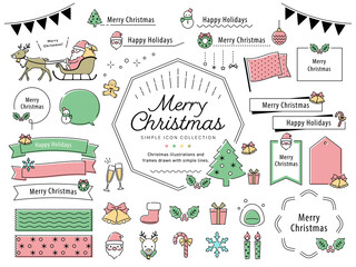 クリスマスのシンプルな線画イラストフレームセット / サンタクロース、クリスマスツリー、飾り、あしらい