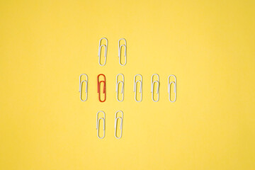 red paperclip becomes a potential leader among white paperclip. Leadership and business concept