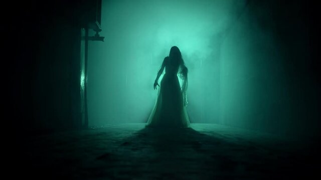 Dead walking zombie woman in dark corridor and mist close-up. Creepy bride wearing wedding dress with veil. Deceased fiancee returned to life. Horrible klip on halloween. Haunted house. 