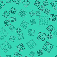 Fototapeta premium Black line LSD acid mark icon isolated seamless pattern on green background. Acid narcotic. Postmark. Postage stamp. Health danger. Vector