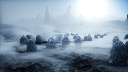 Aliens eggs on alien planet. Mars surface. UFO concept. 3d rendering.