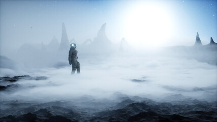Astronaut on alien planet. Mars surface. Space travel. 3d rendering. © 3D motion