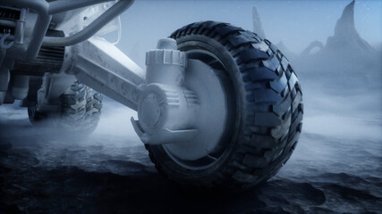 Rover on alien planet. Mars surface. 3d rendering.