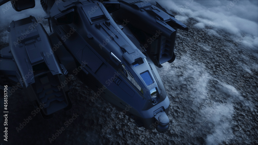 Sticker futuristic ship landing on alien planet. mars surface. 3d rendering.
