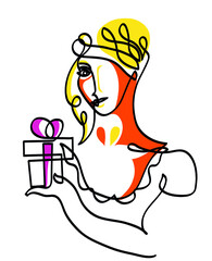 One line drawing of happy woman is holding gift box in her hands.
One continuous line drawing of beautiful happy girl posing with Christmas presents.
