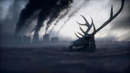 Ecology pollution concept. Dirty dark atmosphere. Deer skeleton. Ecological problem. Factory smoke. 3d rendering.