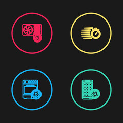 Set line Oven setting, Mobile Apps, Stopwatch and Air conditioner icon. Vector