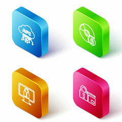 Set Isometric line Cloud api interface, CD or DVD disk with lock, Lock on monitor and Credit card icon. Vector