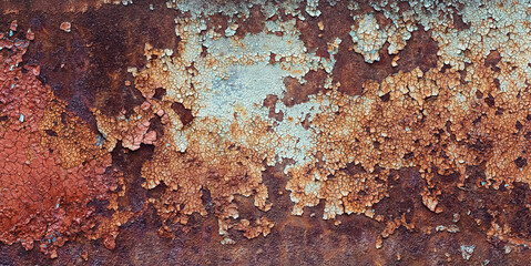 Textured rusty iron sheet background with cracked enamel paint and rust stains - obrazy, fototapety, plakaty
