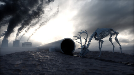 Naklejka premium Ecology pollution concept. Dirty dark atmosphere. Deer skeleton. Ecological problem. Factory smoke. 3d rendering.