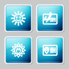 Set line Cute sun with smile, Signed document, Solar energy panel and Address book icon. Vector