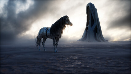 Horse robot. Biomechanical animal. Future concept. 3d rendering.