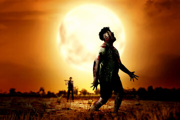 Asian woman in police vest standing with a baseball bat with a gun on her hand facing zombies