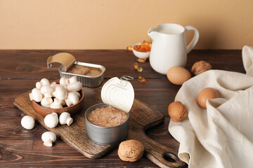 Different healthy products with vitamin D on wooden background