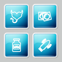 Set line Devil heart with horns, Condoms in package, Bottle pills for potency and Dildo vibrator sex games icon. Vector