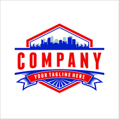 Emblem or badge with city skyline.