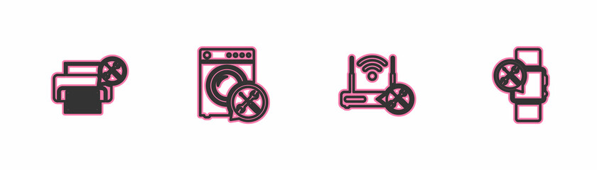 Set line Printer service, Router wi-fi with, Washer and Smartwatch icon. Vector