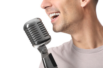 Handsome man singing on white background