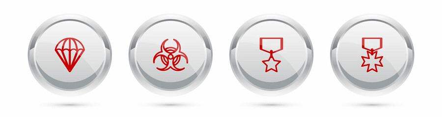 Set line Parachute, Biohazard symbol, Military reward medal and . Silver circle button. Vector