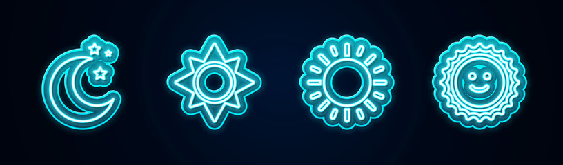 Set line Moon and stars, Sun, and . Glowing neon icon. Vector