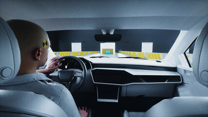 Generic 3d car crash test with people driver. Car destruction. 3d rendering. © 3D motion