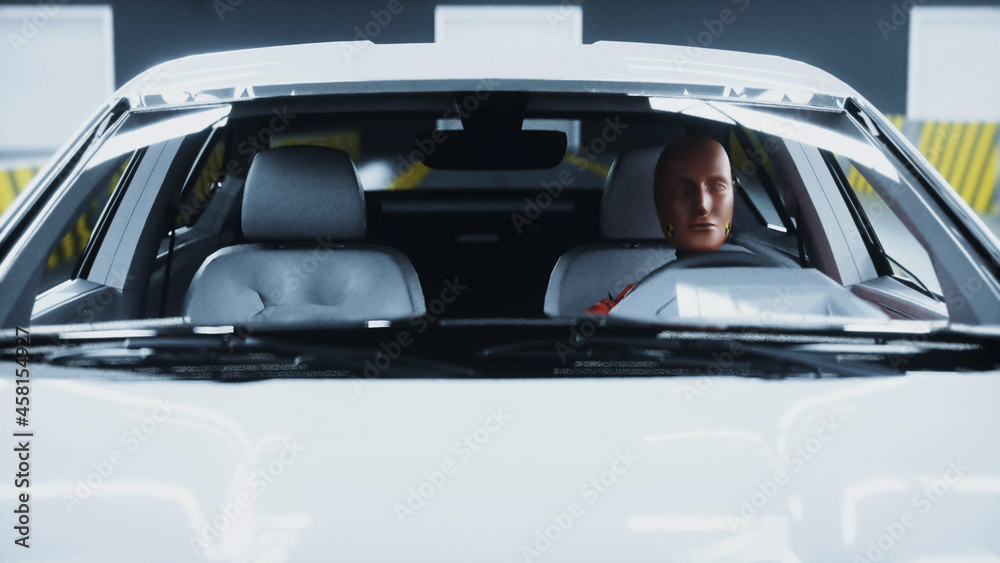 Wall mural generic 3d car crash test with crashtest dummy. car destruction. 3d render.