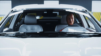 Generic 3d car crash test with crashtest dummy. Car destruction. 3d render. © 3D motion