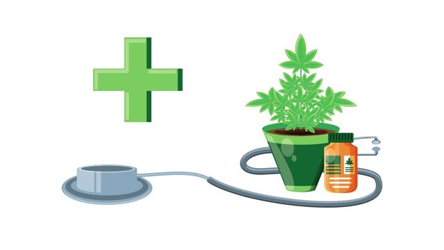 medical cannabis pot with plant and stethoscope animation