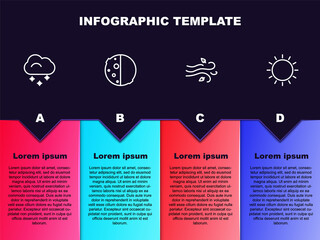 Set line Cloud with snow, Eclipse of the sun, Wind and Sun. Business infographic template. Vector