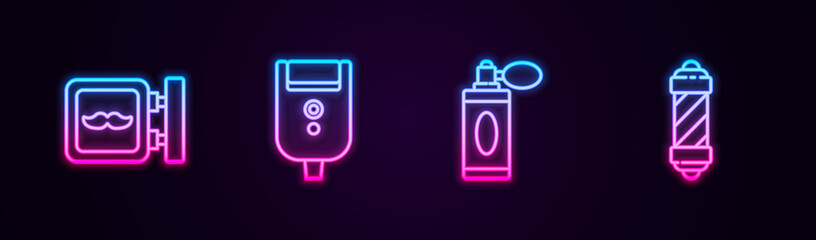 Set line Barbershop, Electric razor blade for men, Aftershave bottle with atomizer and Classic pole. Glowing neon icon. Vector