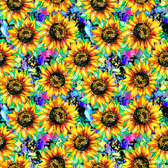 Fototapeta na wymiar Watercolor sunflower background flower print. Seamless pattern.