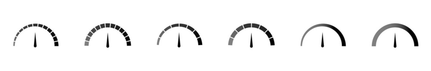 Conjunto de icono de veloc&iacute;metro. Tac&oacute;metro, bar&oacute;metro. Valoraci&oacute;n de velocidad de escala, medici&oacute;n de velocidad. Ilustraci&oacute;n vectorial