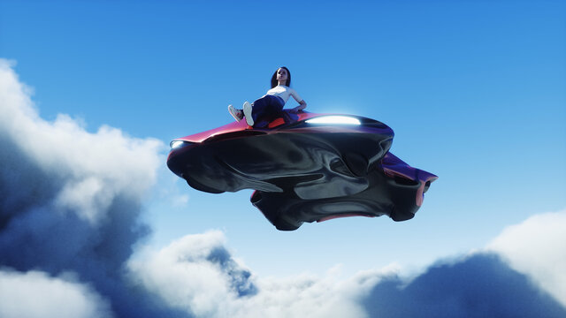 young girl on a flying car in the over clouds. Future concept. 3d rendering.