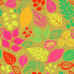 Autumn Leaves on Coloured Background, Seamless Repeat Pattern 
