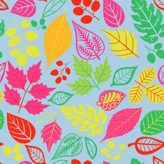 Fototapeta na wymiar Autumn Leaves on Coloured Background, Seamless Repeat Pattern 
