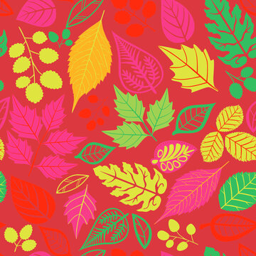 Autumn Leaves on Coloured Background, Seamless Repeat Pattern © Estalon Industries