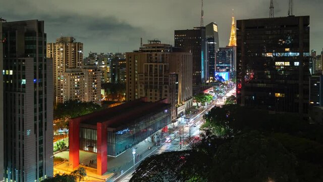 Zoom in timelapse sequence showing night traffic on Paulista Avenue and Sao Paulo cityscape in Sao Paulo, Brazil.