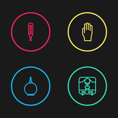 Set line Enema, X-ray machine, Medical rubber gloves and digital thermometer icon. Vector