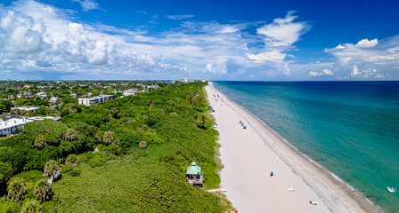 high aerial drone panoramic view of Beach in Boca Raton, Florida with city

