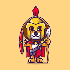 cute lion gladiator spartan with shield and spear