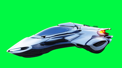 Futuristic sci fi flying car, ship. green screen isolate. 3d rendering.